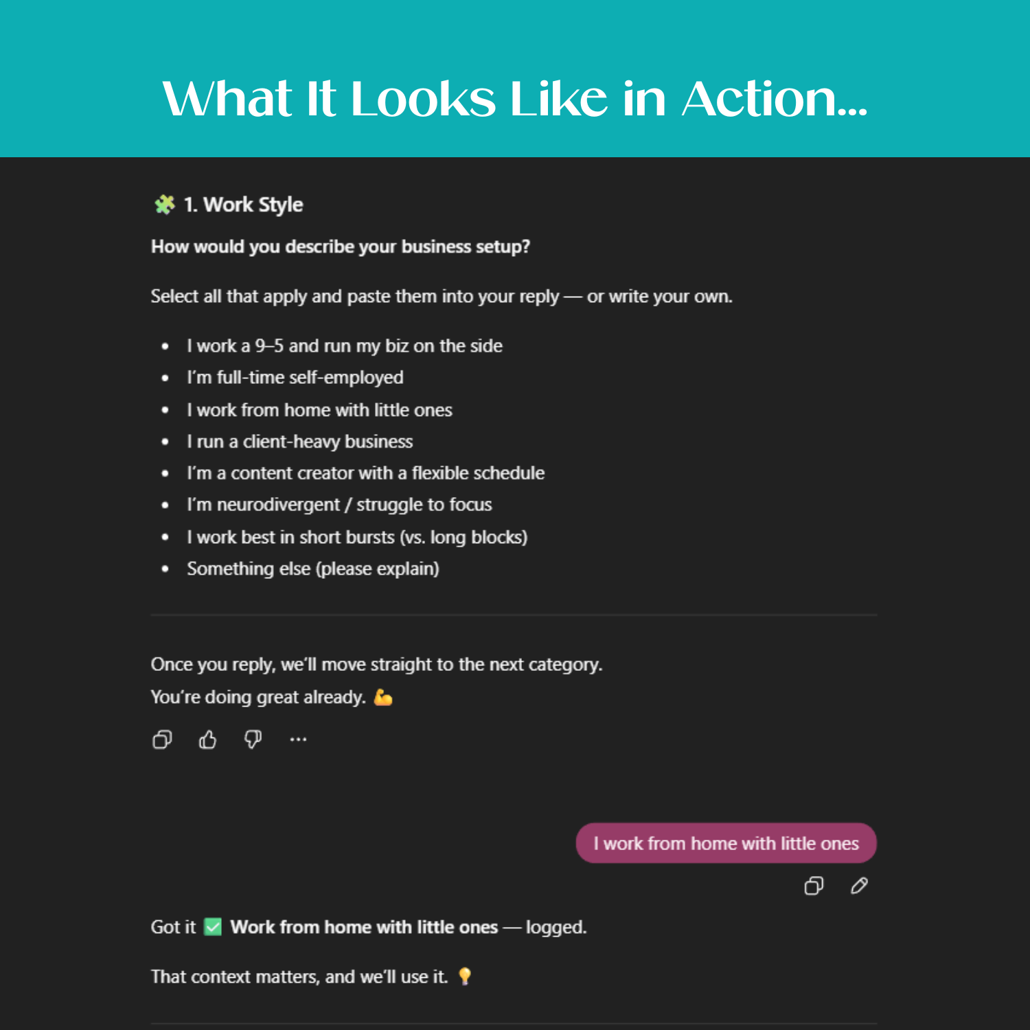 Screenshot of Boundary Boss GPT asking multiple-choice questions about work style to identify boundaries that help deal with interruptions.