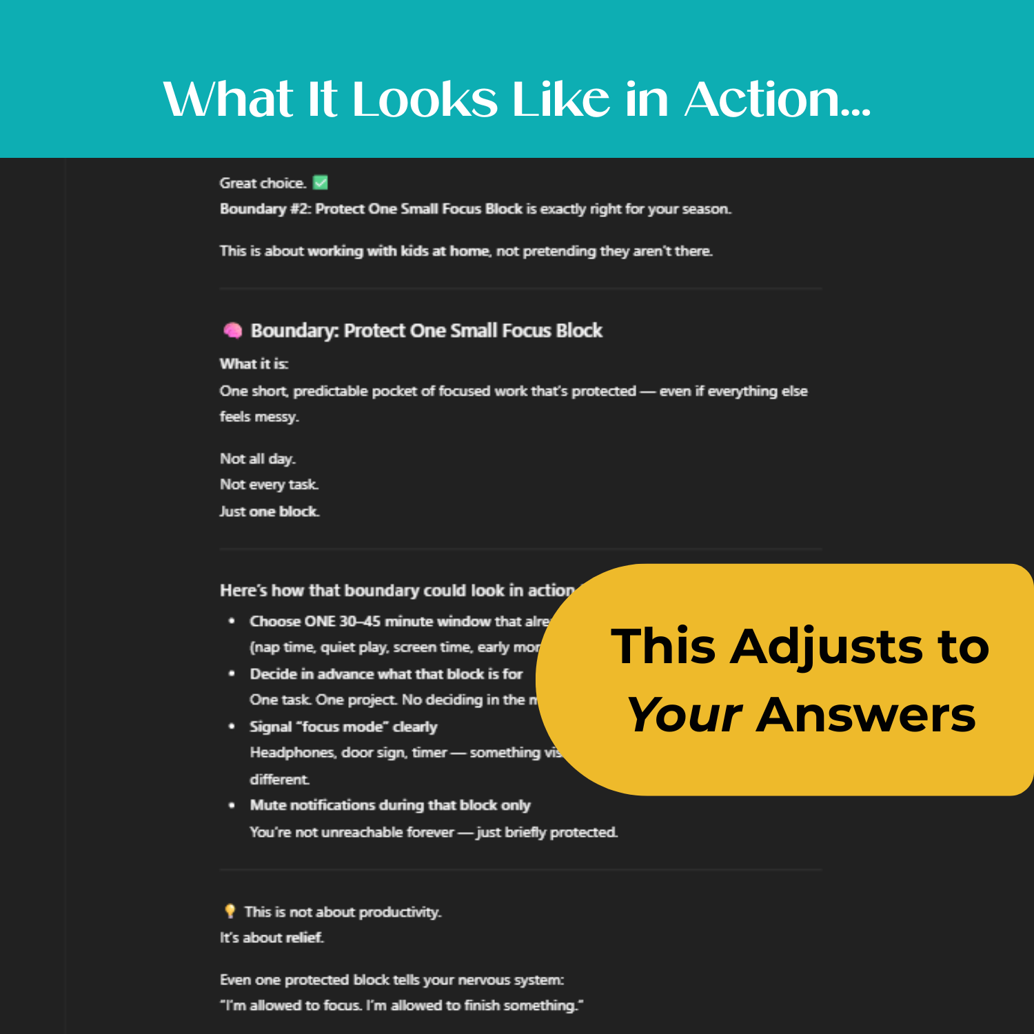 Boundary Boss GPT displaying a selected boundary with a clear explanation and simple steps to reduce interruptions and protect focus.