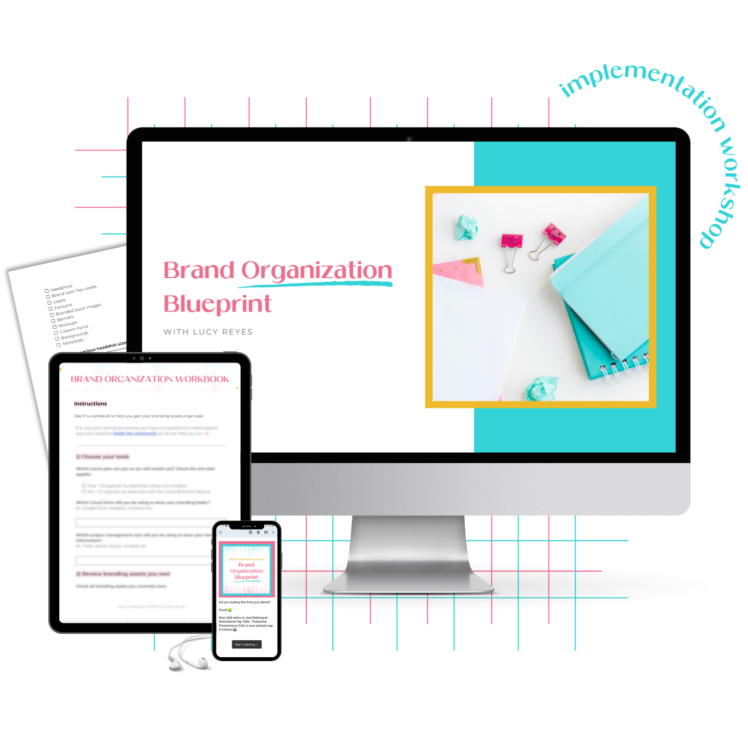 A monitor mockup displaying the Implementation Workshop on Brand Organization.