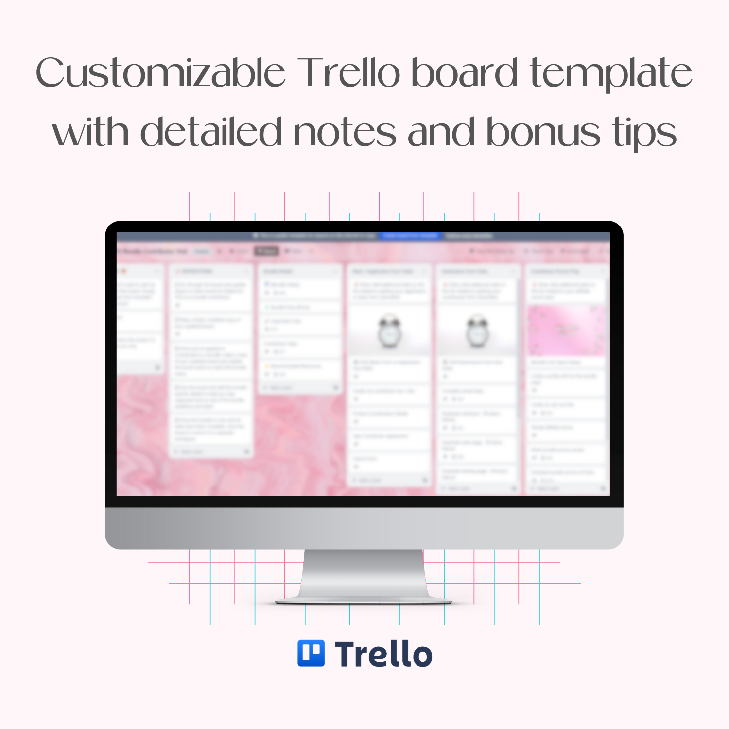 A monitor mockup displaying the customizable Bundle Contributor Hub Trello board template.