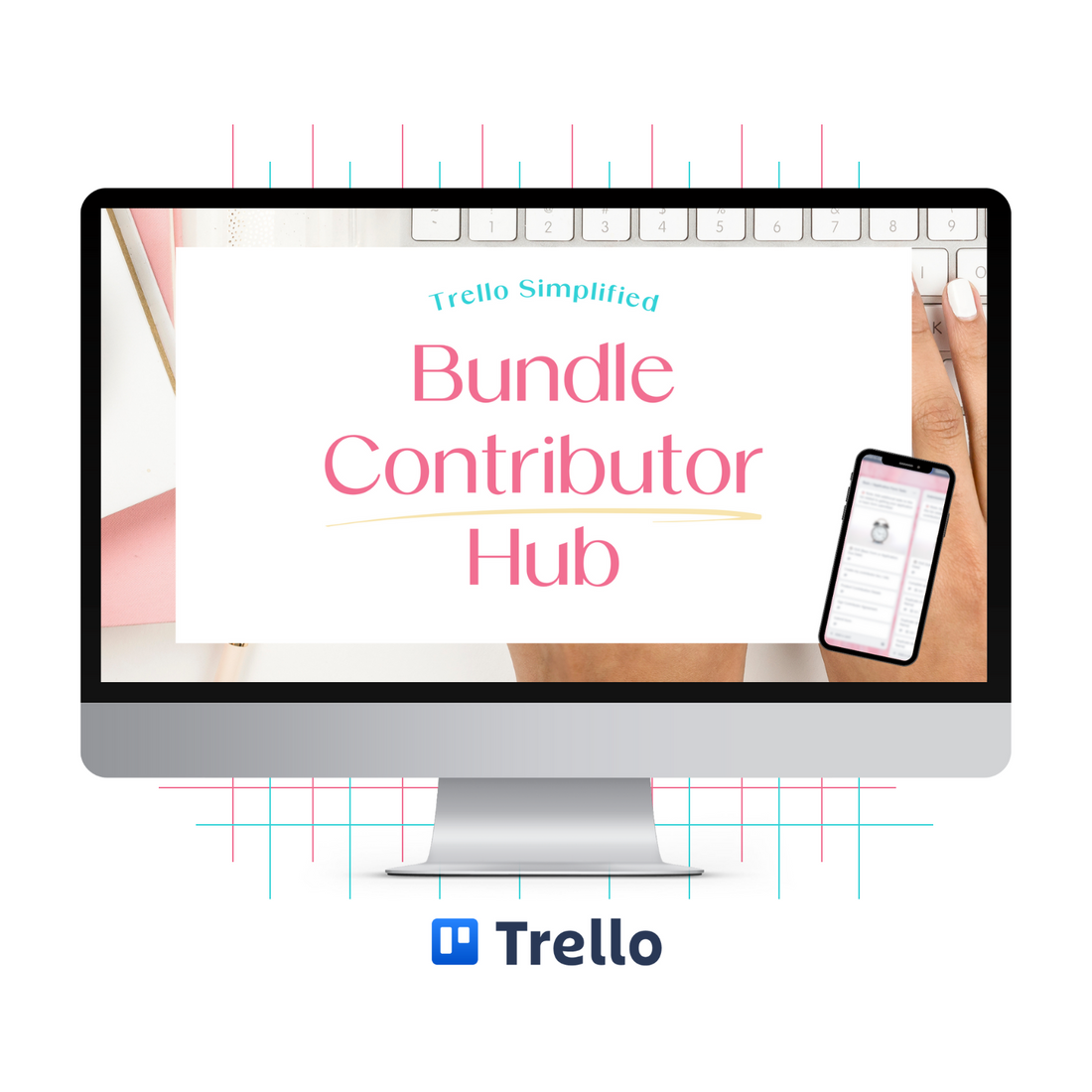 A monitor mockup displaying the Bundle Contributor Hub Trello template.