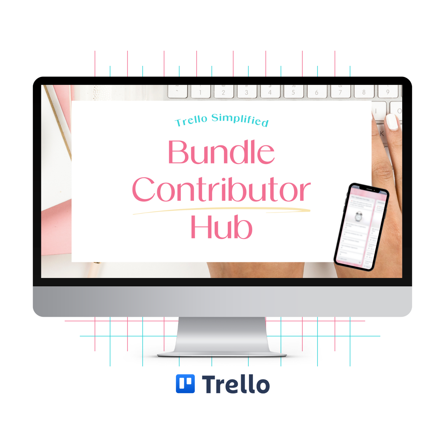 A monitor mockup displaying the Bundle Contributor Hub Trello template.