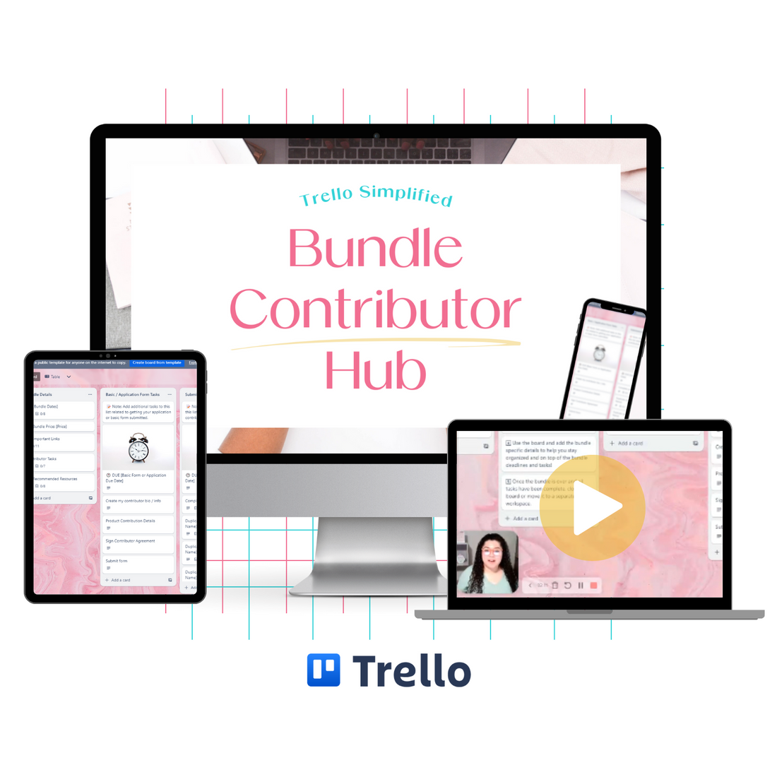 A monitor mockup displaying the Bundle Contributor Hub Trello template.