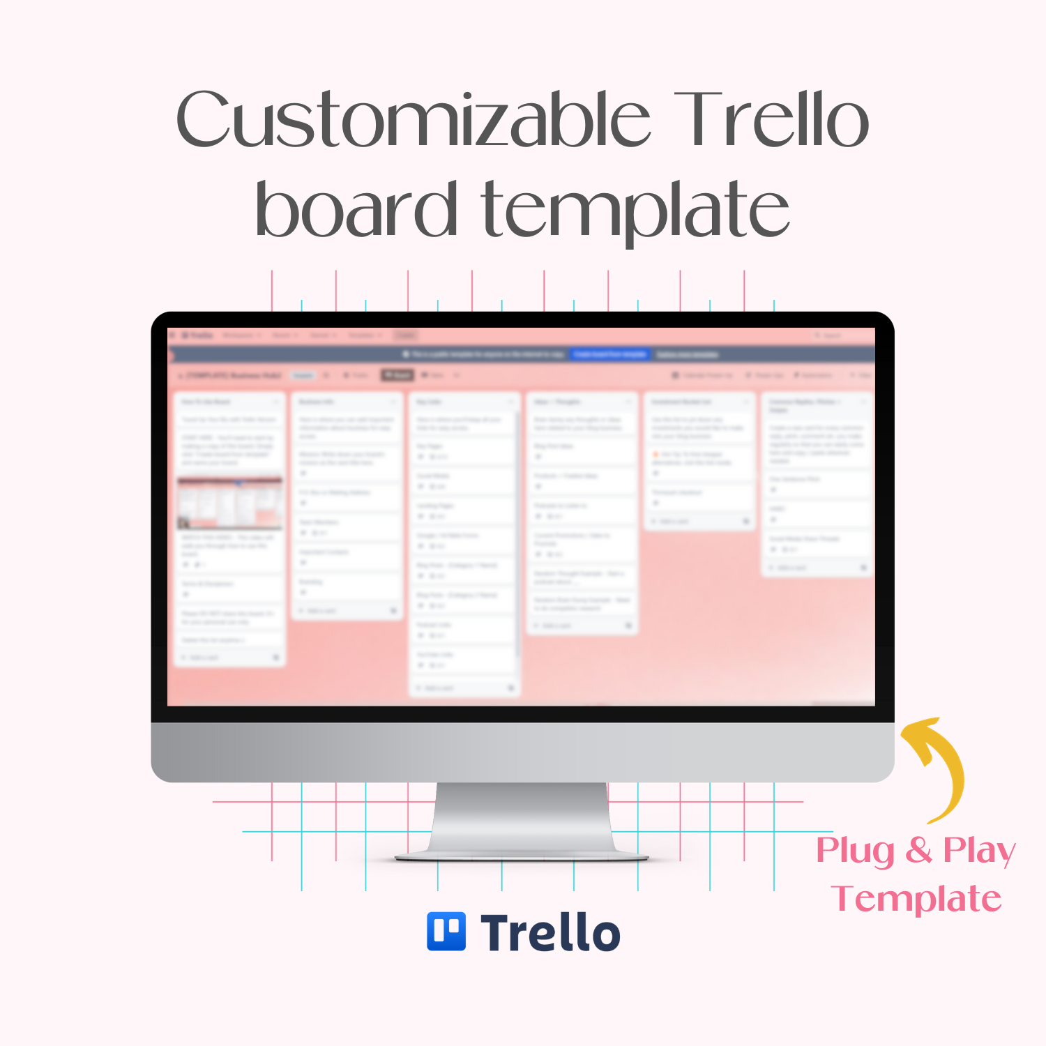 A monitor mockup displaying the customizable Business Hub Trello board template.