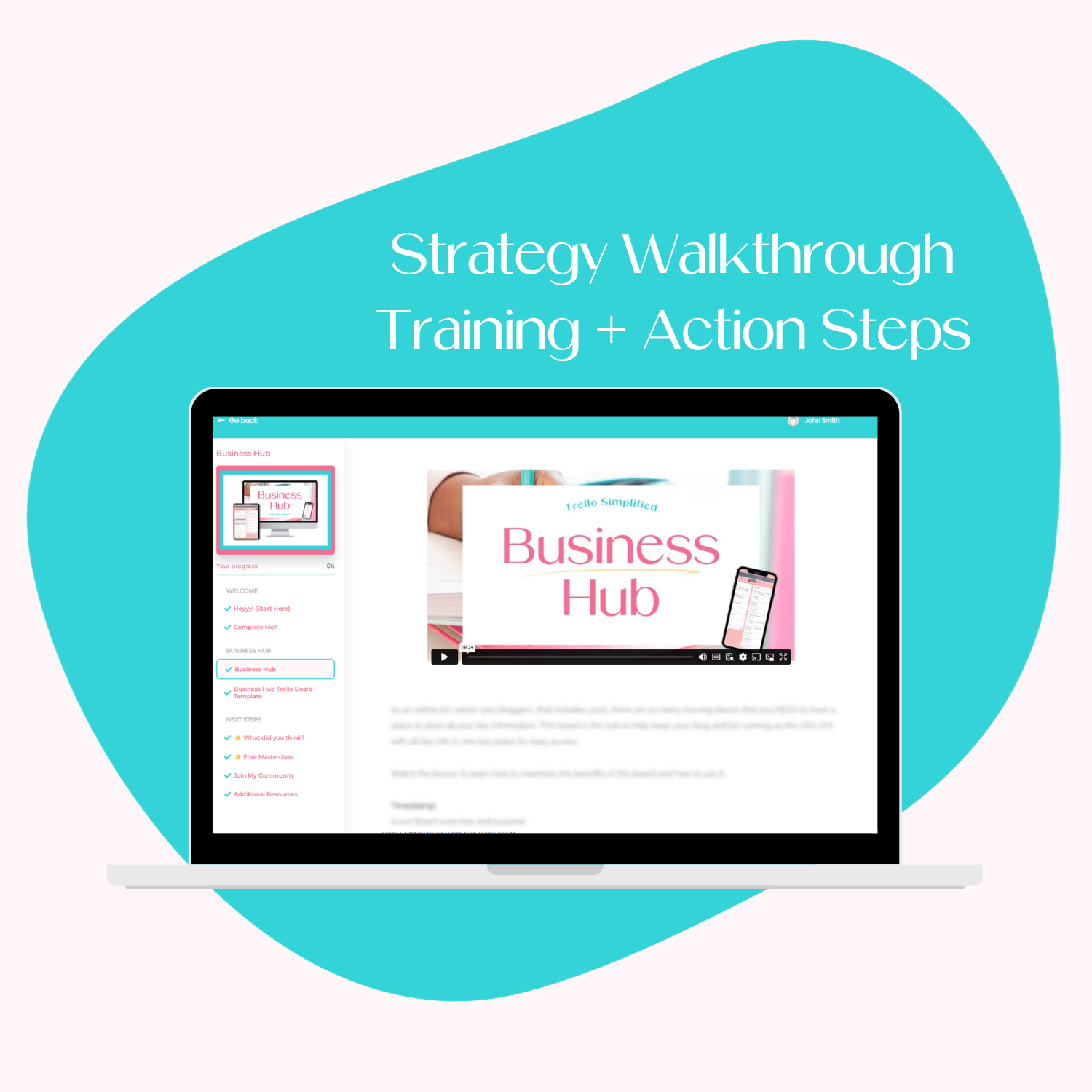 A laptop screen mockup displaying the course platform for the Business Hub with the strategy training and Trello walkthrough.