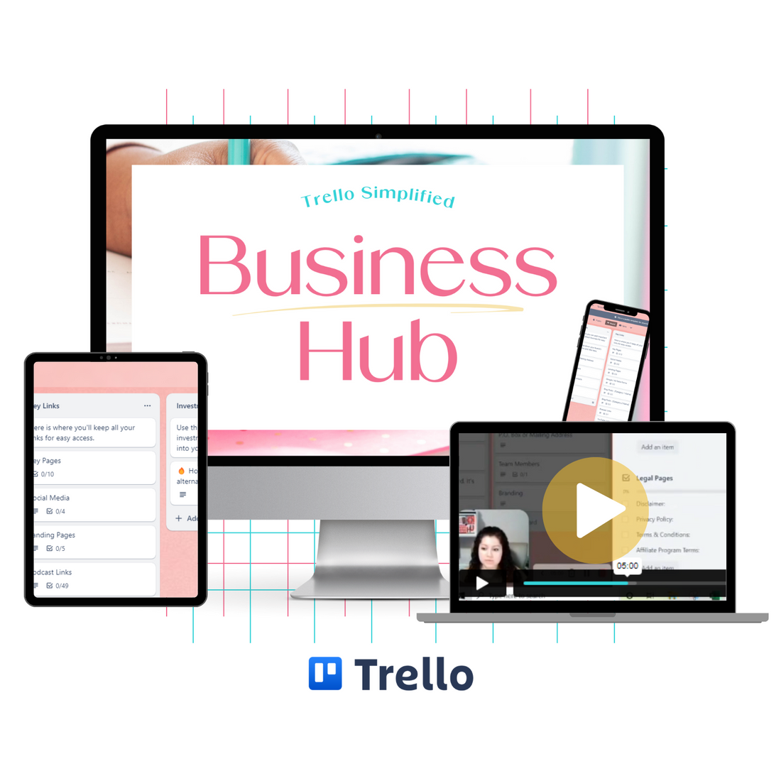 A monitor mockup displaying the Business Hub Trello template that’ll help get your online business organized.