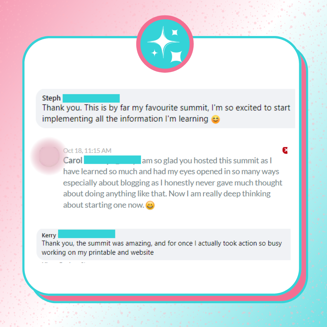 Testimonial screenshots of a past attendee saying how this was their favorite summit, how they’ve started to take action and how much they’ve learned.