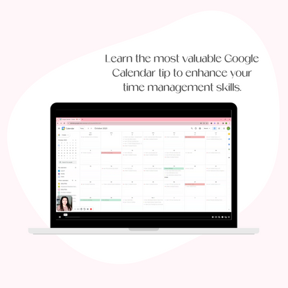 A laptop mockup displaying a sneak preview of the Quick System video on how to color code your Google calendar - a time management tip.