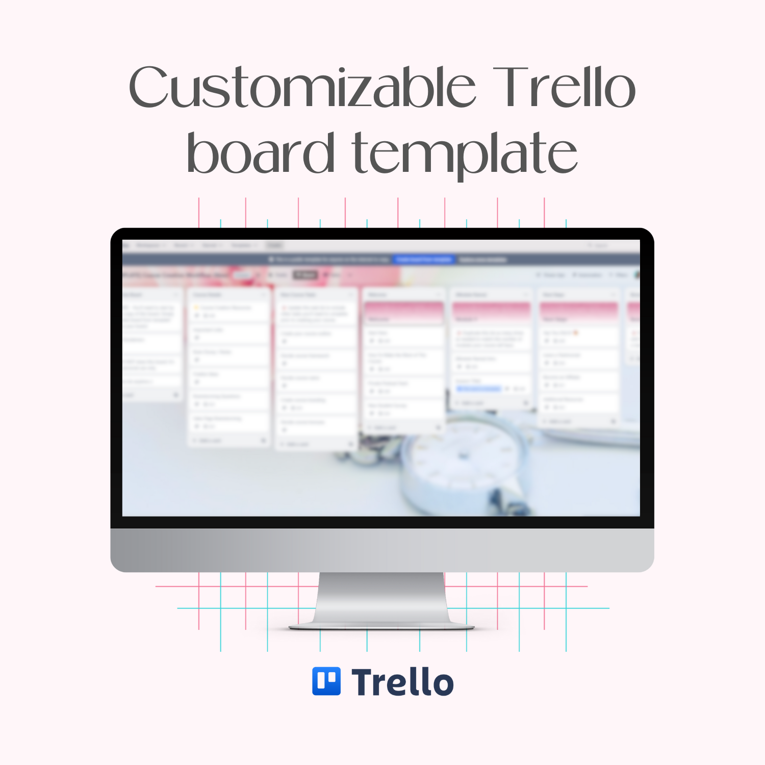 A monitor mockup displaying the customizable Course Creation Workflow Trello board template.