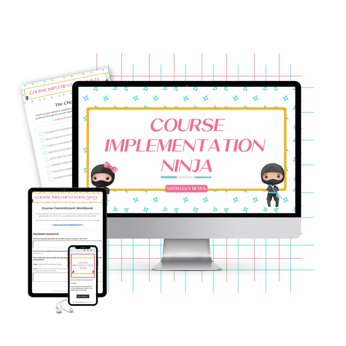 A monitor mockup displaying the Course Implementation Ninja course that’ll teach you how to implement courses.