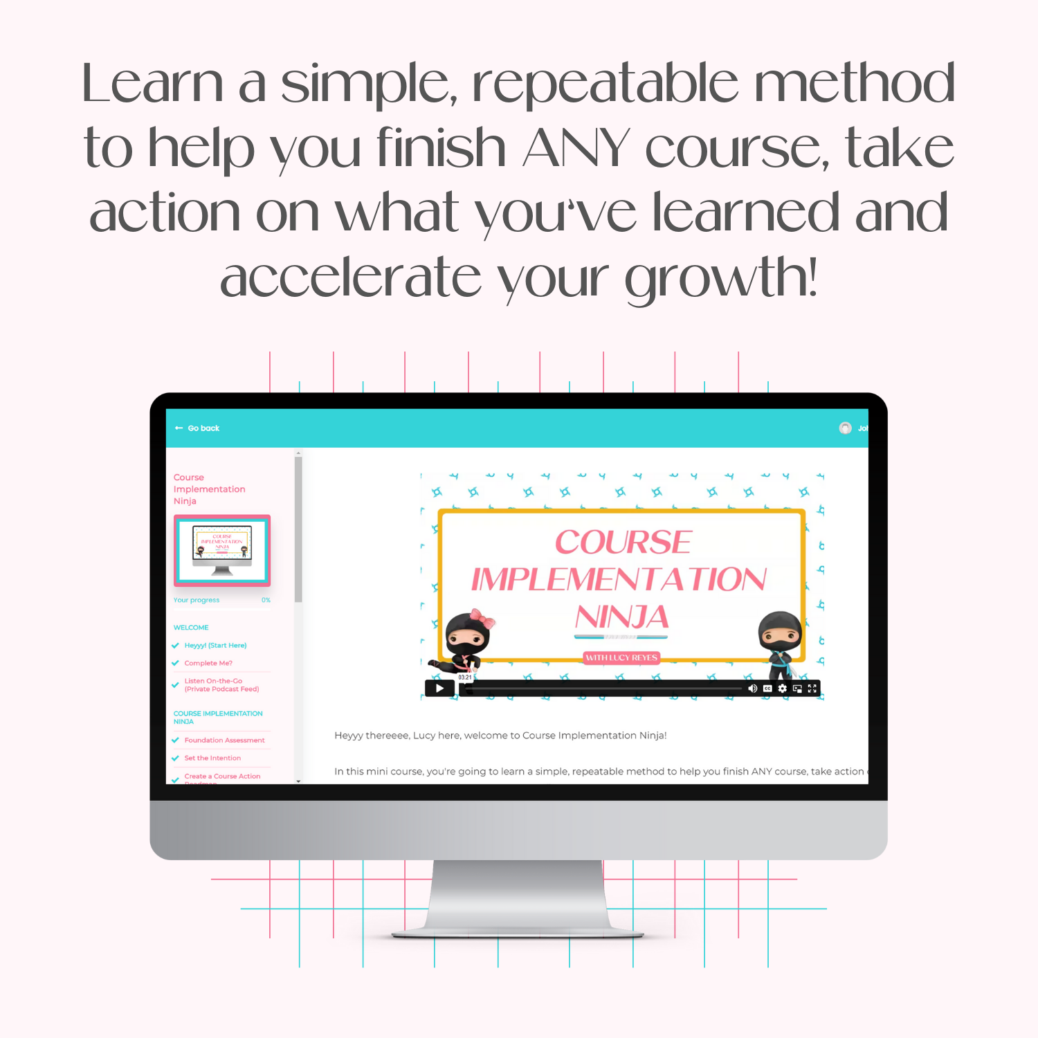 A monitor mockup displaying the course platform for Course Implementation Ninja.