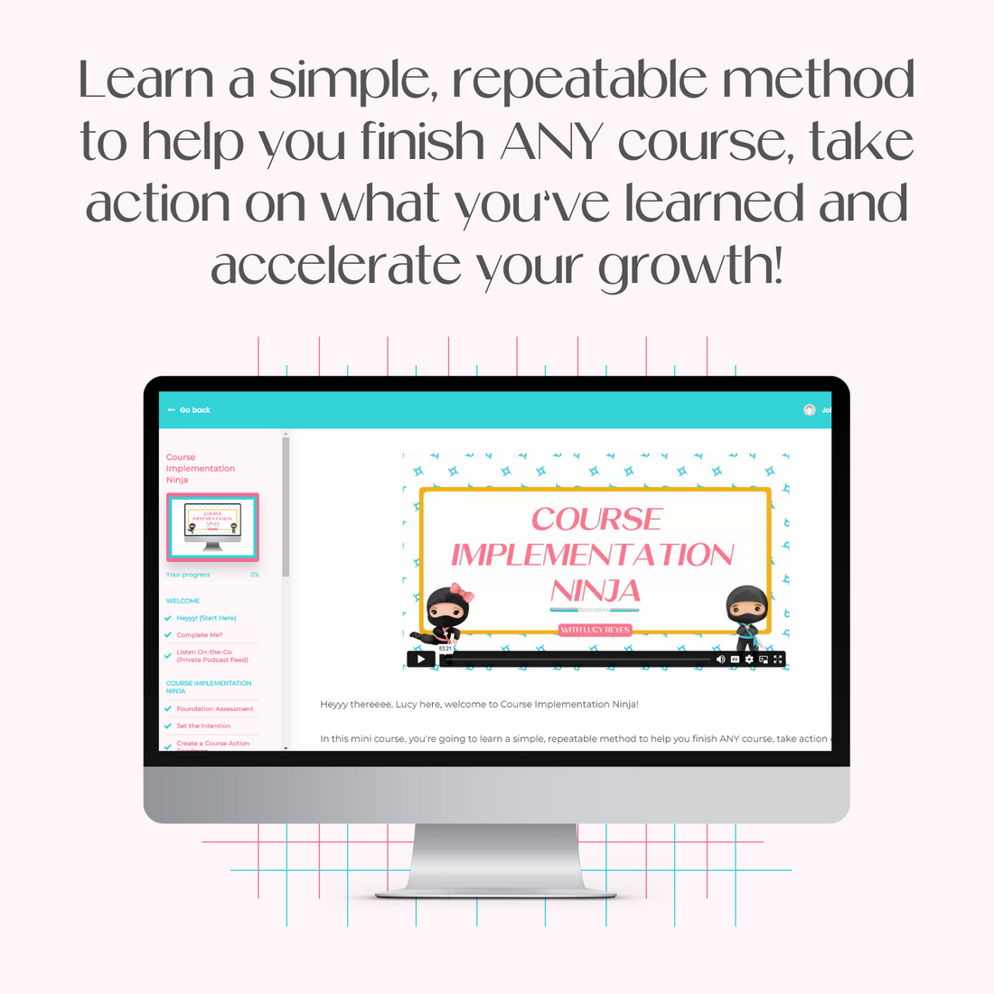 A monitor mockup displaying the course platform for Course Implementation Ninja.