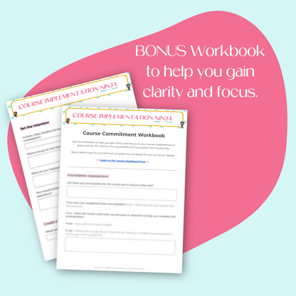 A PDF mockup displaying the bonus, Course Commitment Workbook.