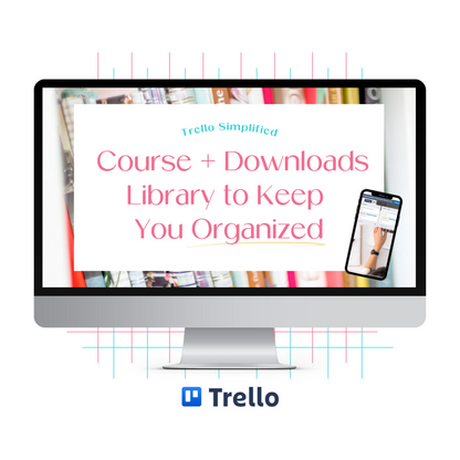 A monitor mockup displaying the Course + Downloads Library Trello Template and training.