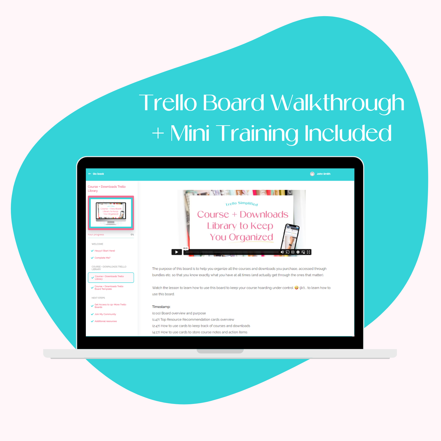 A laptop screen mockup displaying the course platform for the Course + Downloads Library Trello Template and training.