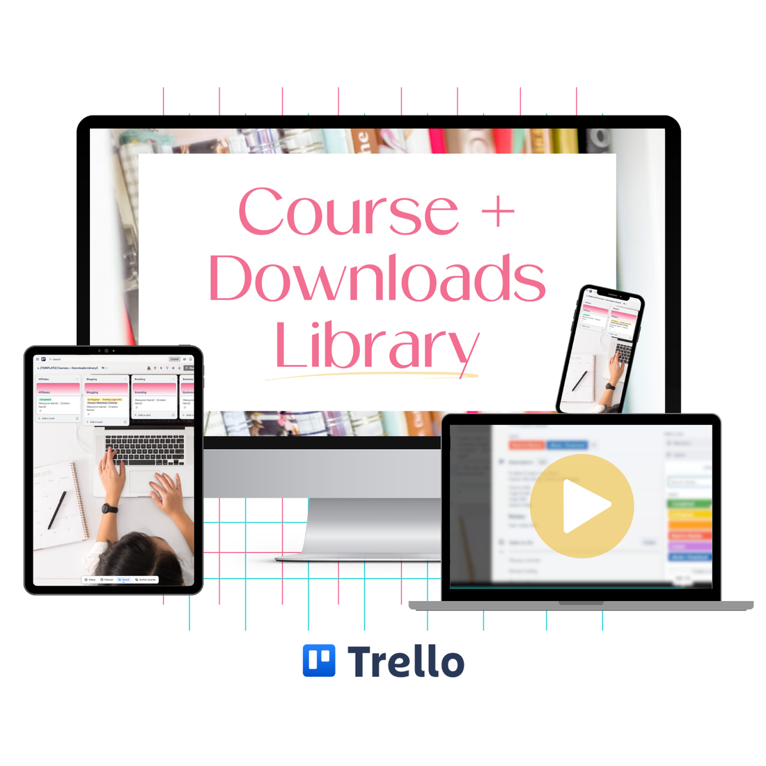 Laptop, tablet, and phone mockups displaying the Course + Downloads Library Trello template for organizing online courses and digital downloads.
