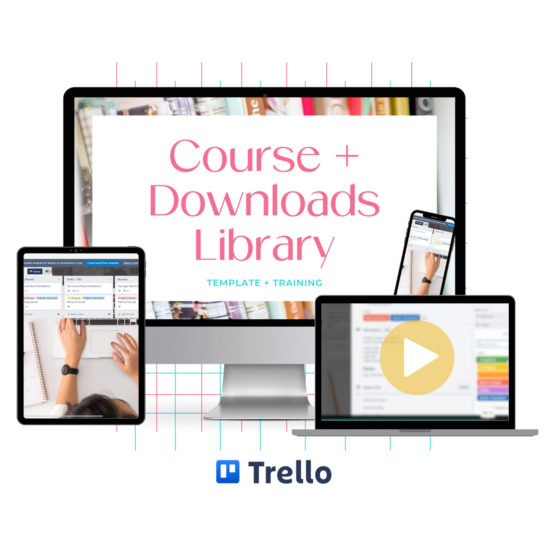 A monitor mockup displaying the Course + Downloads Library Trello Template and training.