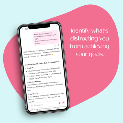 Mobile screen showing the Distraction Detective Bot helping users identify what’s distracting them from their goals and offering simple ways to manage distractions and ignore interruptions.