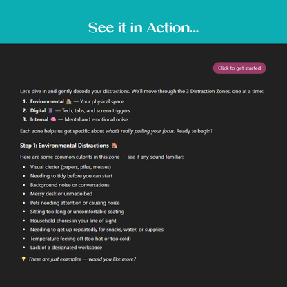 Distraction Detective Bot interface showing environmental distractions like clutter, noise, and workspace issues, helping users identify types of distractions and learn how to manage distractions in their physical space.