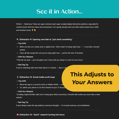 Distraction Detective Bot screen showing how to deal with digital distractions like opening new tabs and social media scrolling, offering gentle strategies to ignore distractions and regain focus.