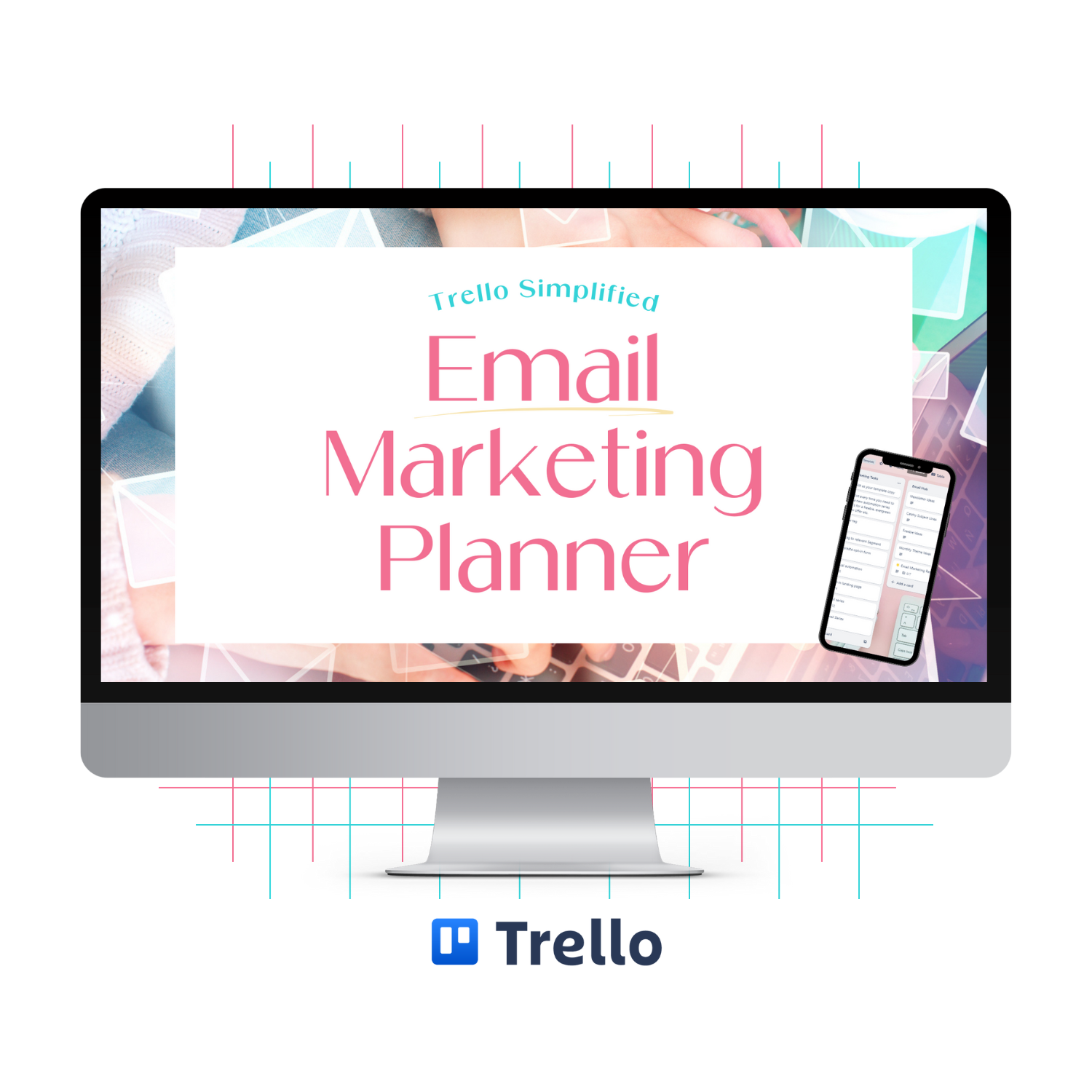 A monitor mockup displaying the Email Marketing Planner Trello board template to help online business owners write email newsletters consistently. 