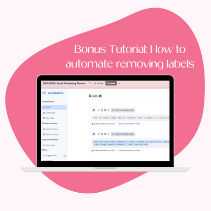 A laptop screen mockup displaying the bonus tutorial on how to automate removing labels from your Trello cards.
