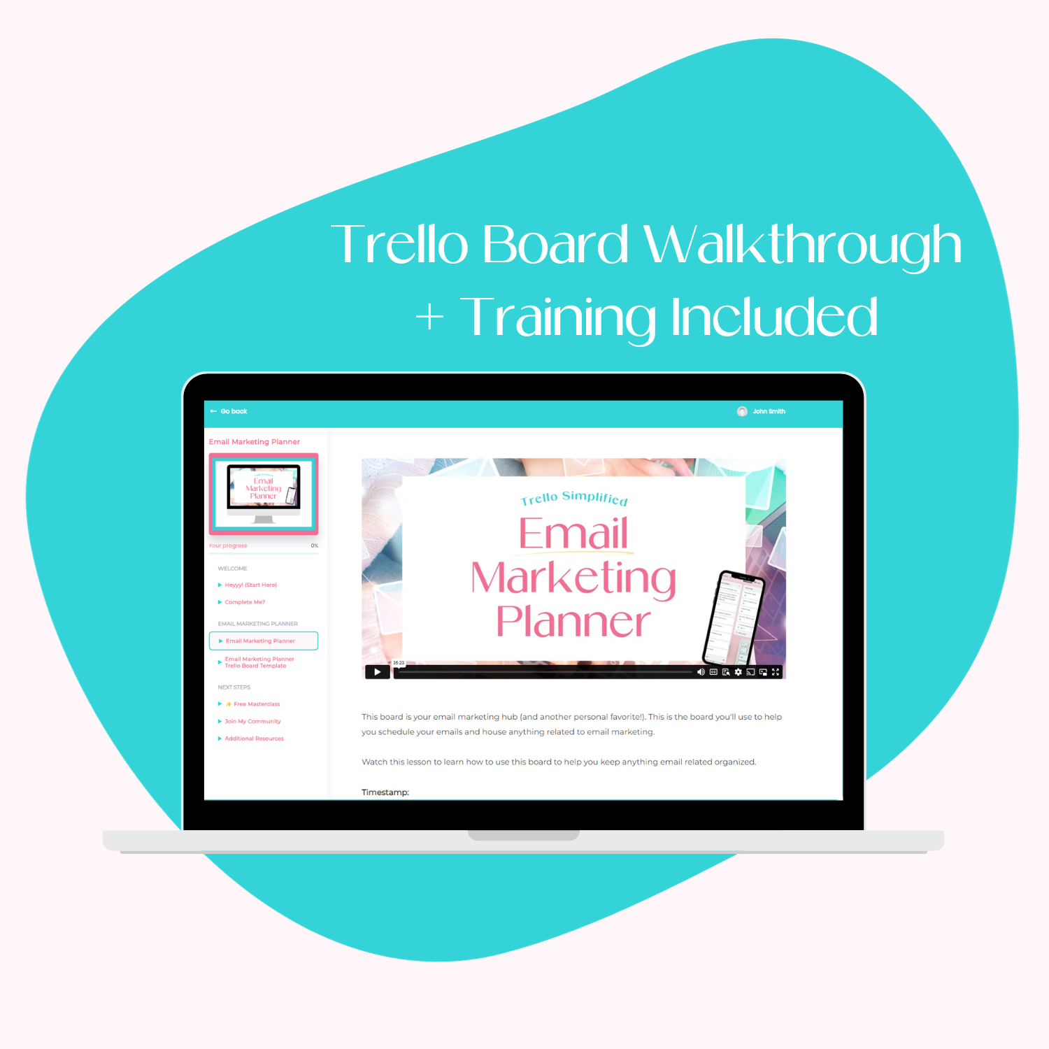 A laptop screen mockup displaying the course platform for the Email Marketing Planner Trello board.
