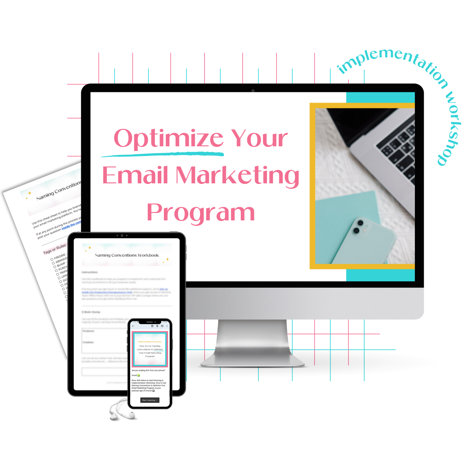 A monitor mockup displaying the Implementation Workshop on How to Use Naming Conventions to Optimize Your Email Marketing Program.