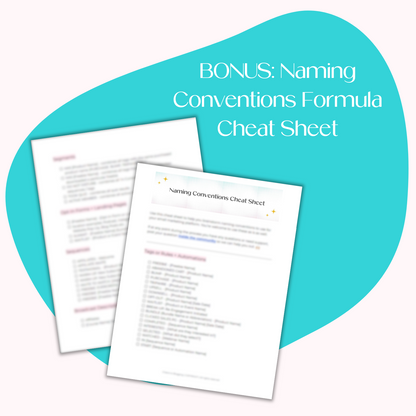 A document mockup displaying the bonus Naming Conventions Formula Cheat Sheet.