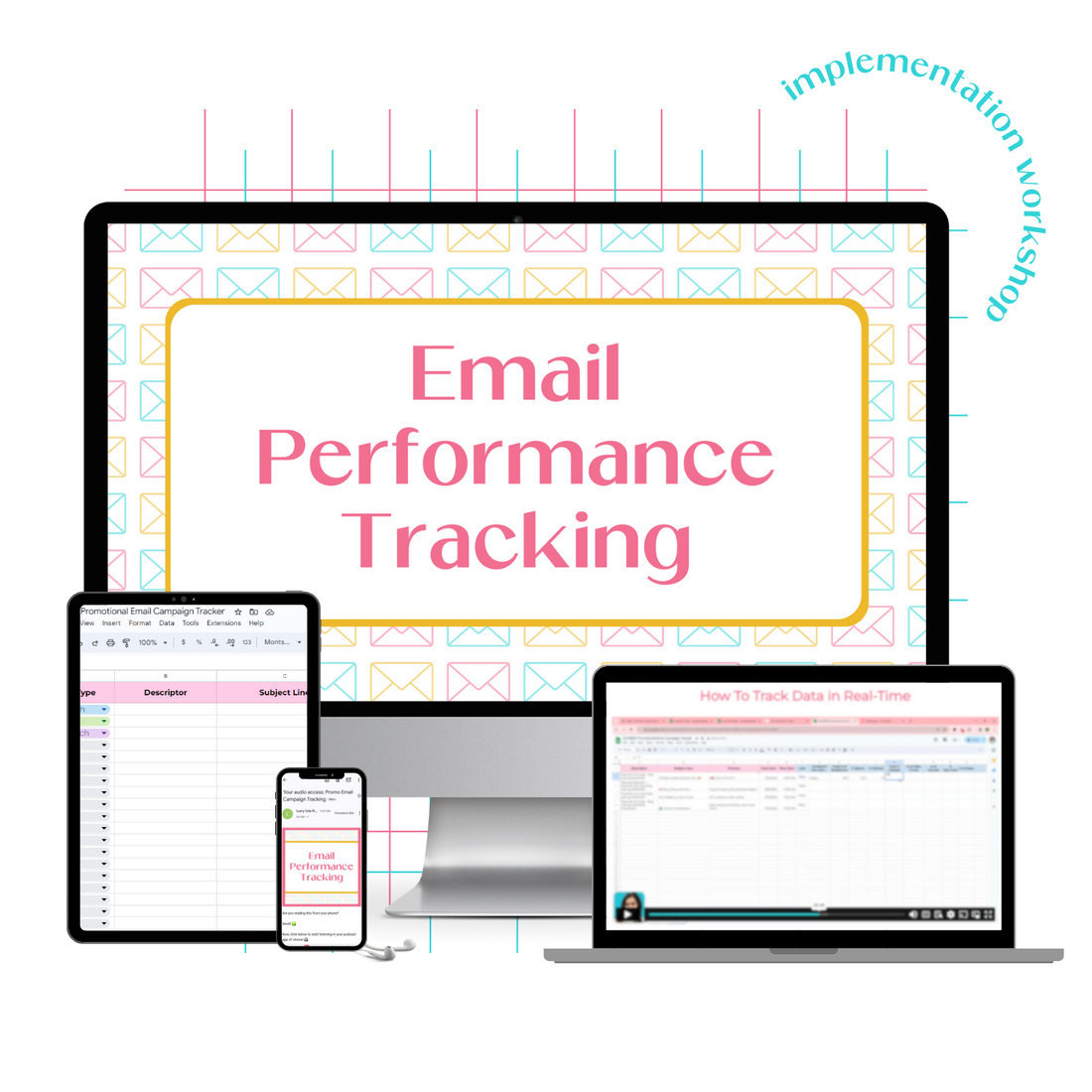 A product mockup displaying the Email Performance Tracking Workshop with all the resources included. 