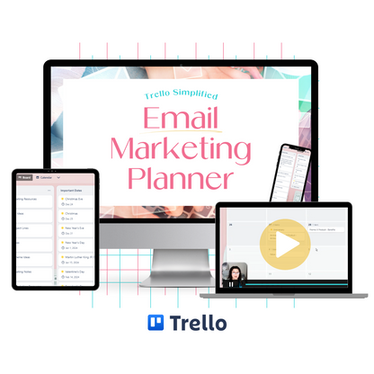 A monitor mockup displaying the Email Marketing Planner Trello board template to help online business owners write email newsletters consistently. 