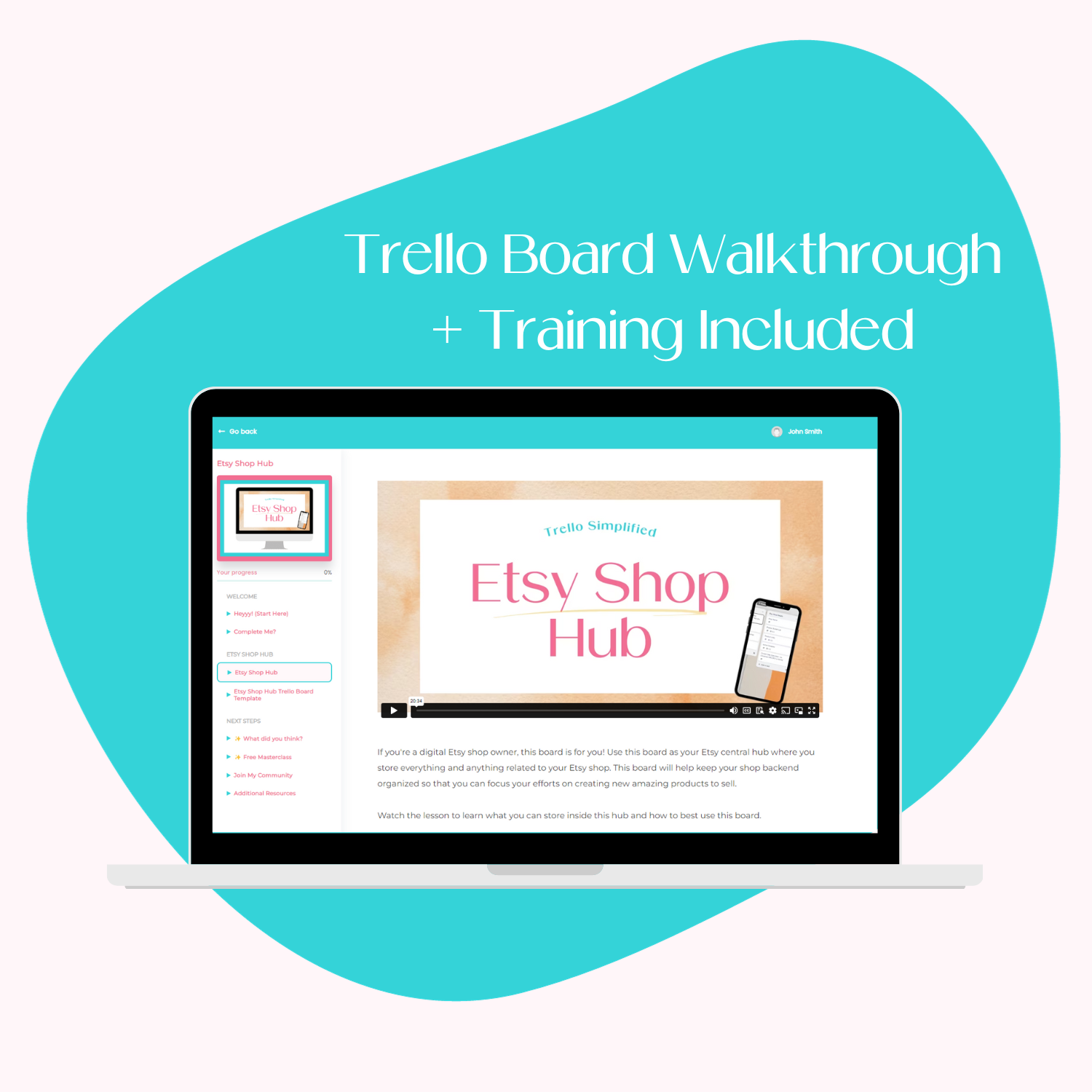 A laptop screen mockup displaying the course platform for the Etsy Shop Hub.