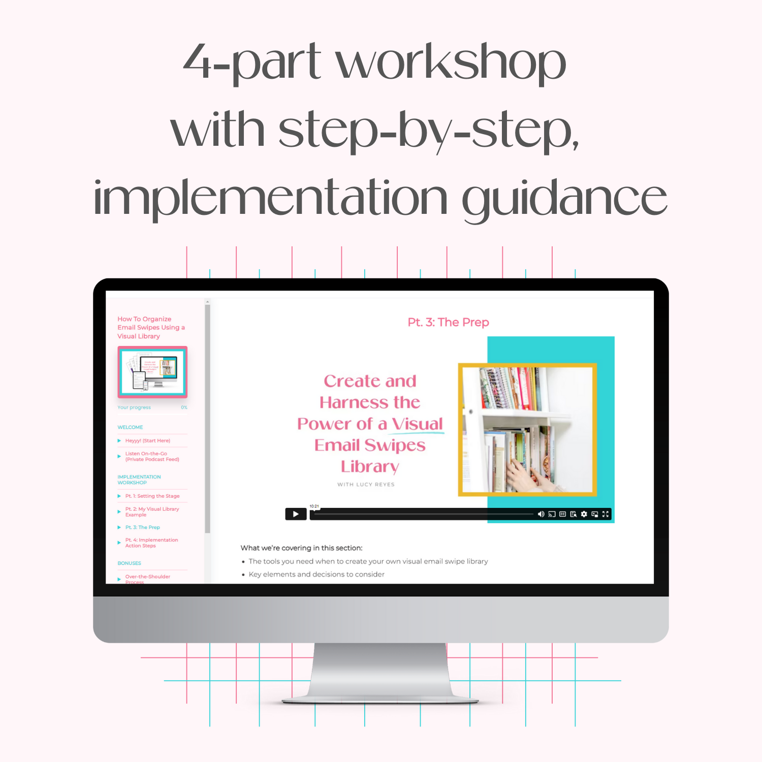 A monitor mockup displaying the course platform for the Implementation Workshop on How To Organize Email Swipes Using a Visual Library.