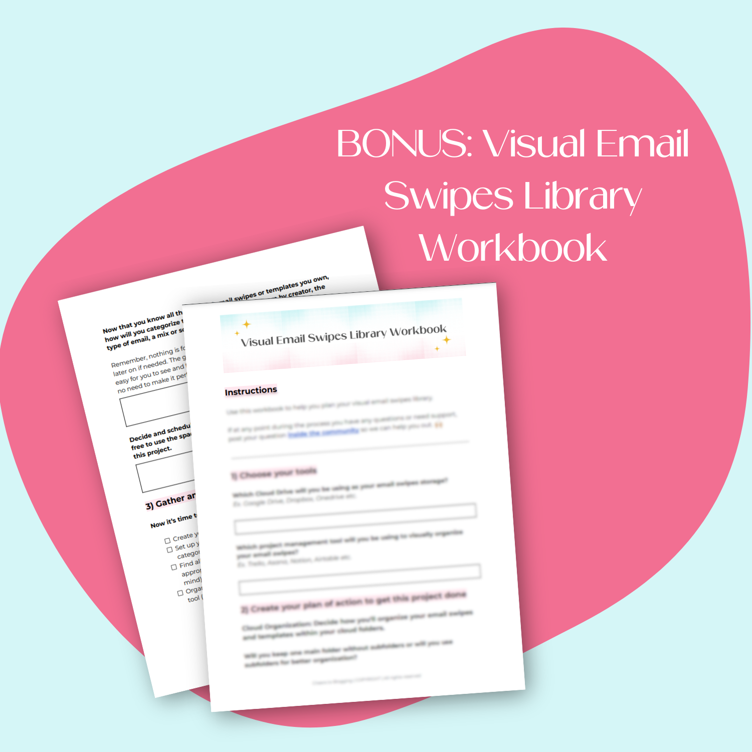 A document mockup displaying the bonus, Visual Email Swipes Library Workbook.