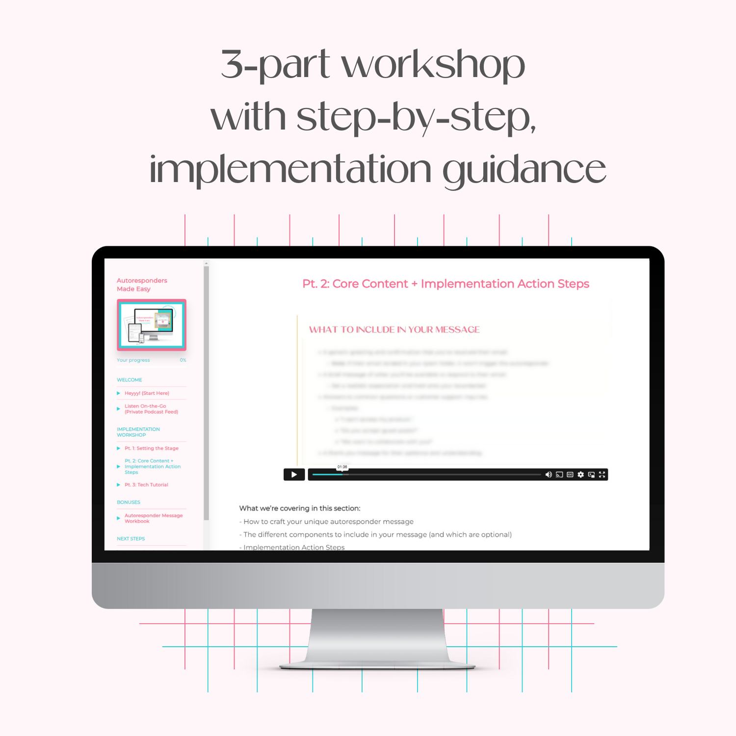 A monitor mockup displaying the course platform for the Implementation Workshop on how to set up an email autoresponder.