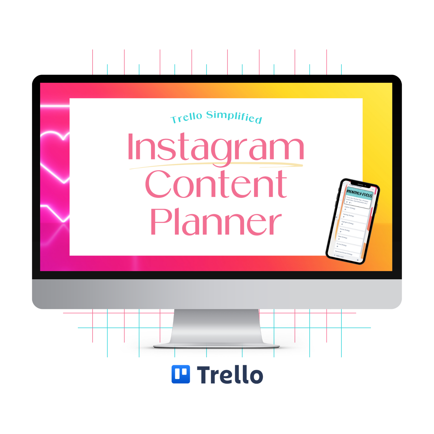 A monitor mockup displaying the Instagram Content Planner that’ll streamline your content planning strategy.