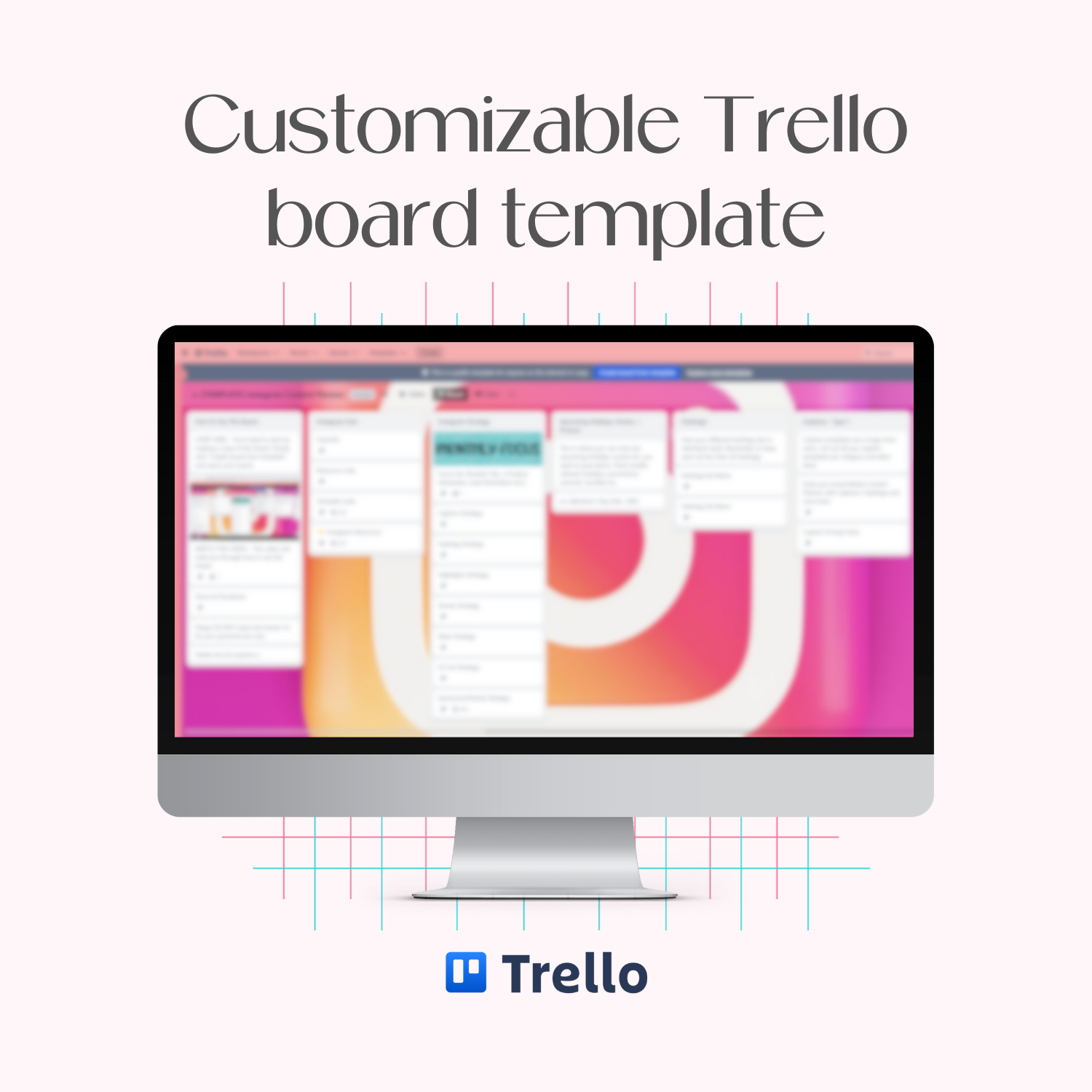 A monitor mockup displaying the customizable Instagram Content Planner Trello board template that’ll help you stay organized and keep track of your Instagram essentials.
