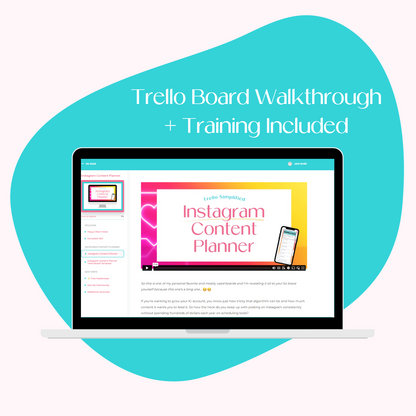 A laptop screen mockup displaying the course platform for the Instagram Content Planner with the strategic walkthrough that’ll teach you everything you need to know about streamlining your Instagram processes.