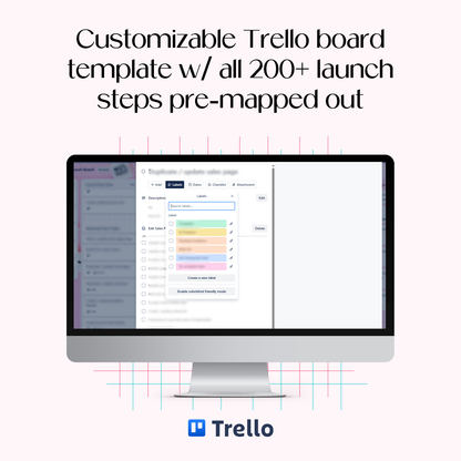 Computer screen displaying Trello board with customizable template and pre-mapped launch steps, Trello logo visible.