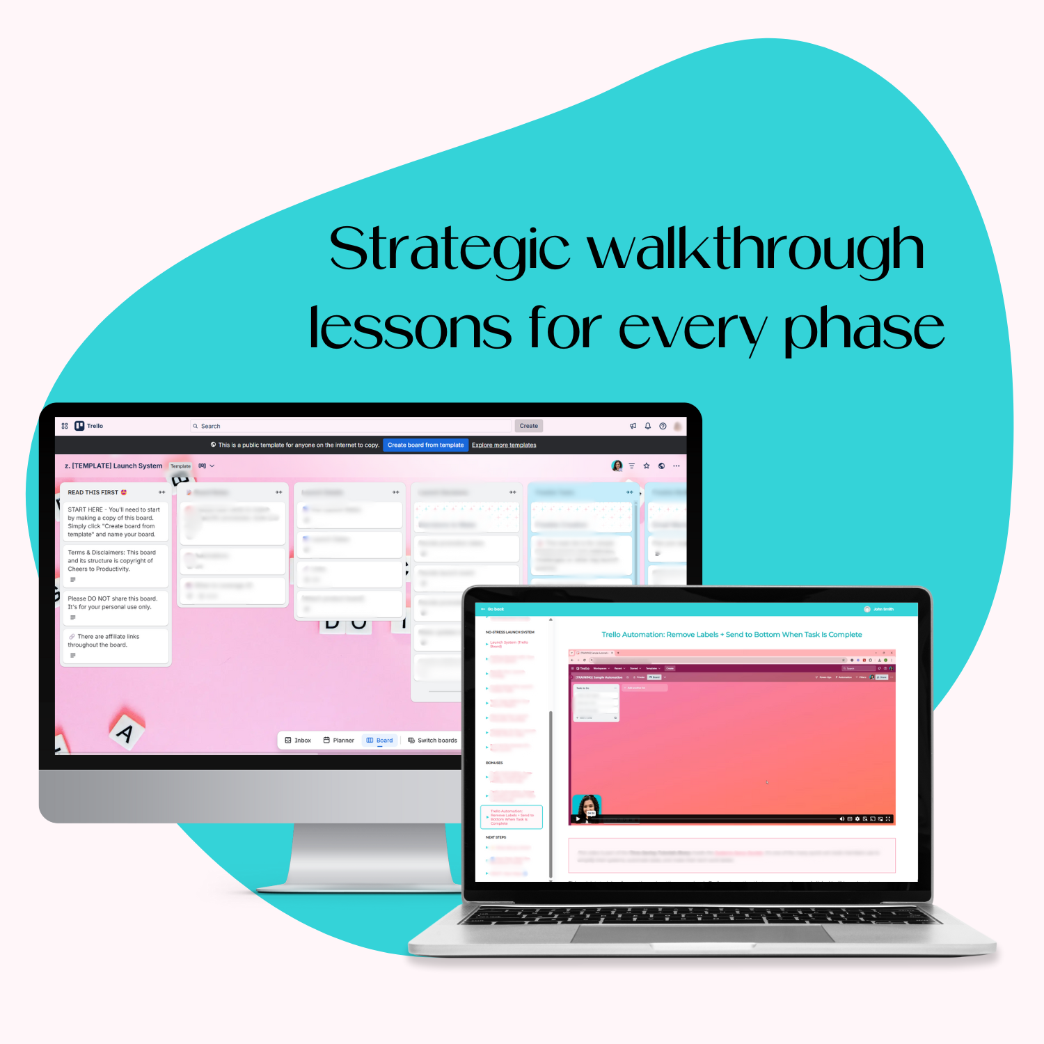 Two computer screens displaying a software interface with text &