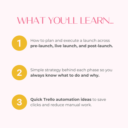 Educational graphic outlining what viewers will learn about using this Trello board system to launch a product or service.