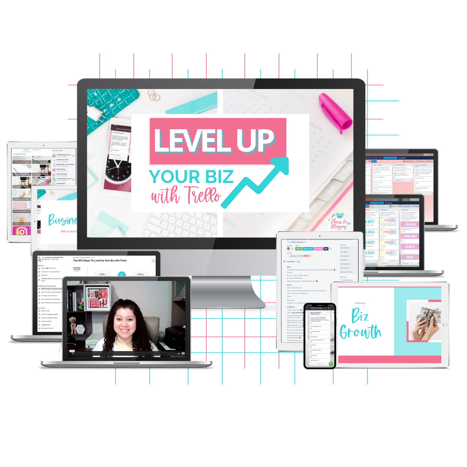 A tech mockup displaying the Level Up Your Biz with Trello course that teaches how to organize your business using Trello.