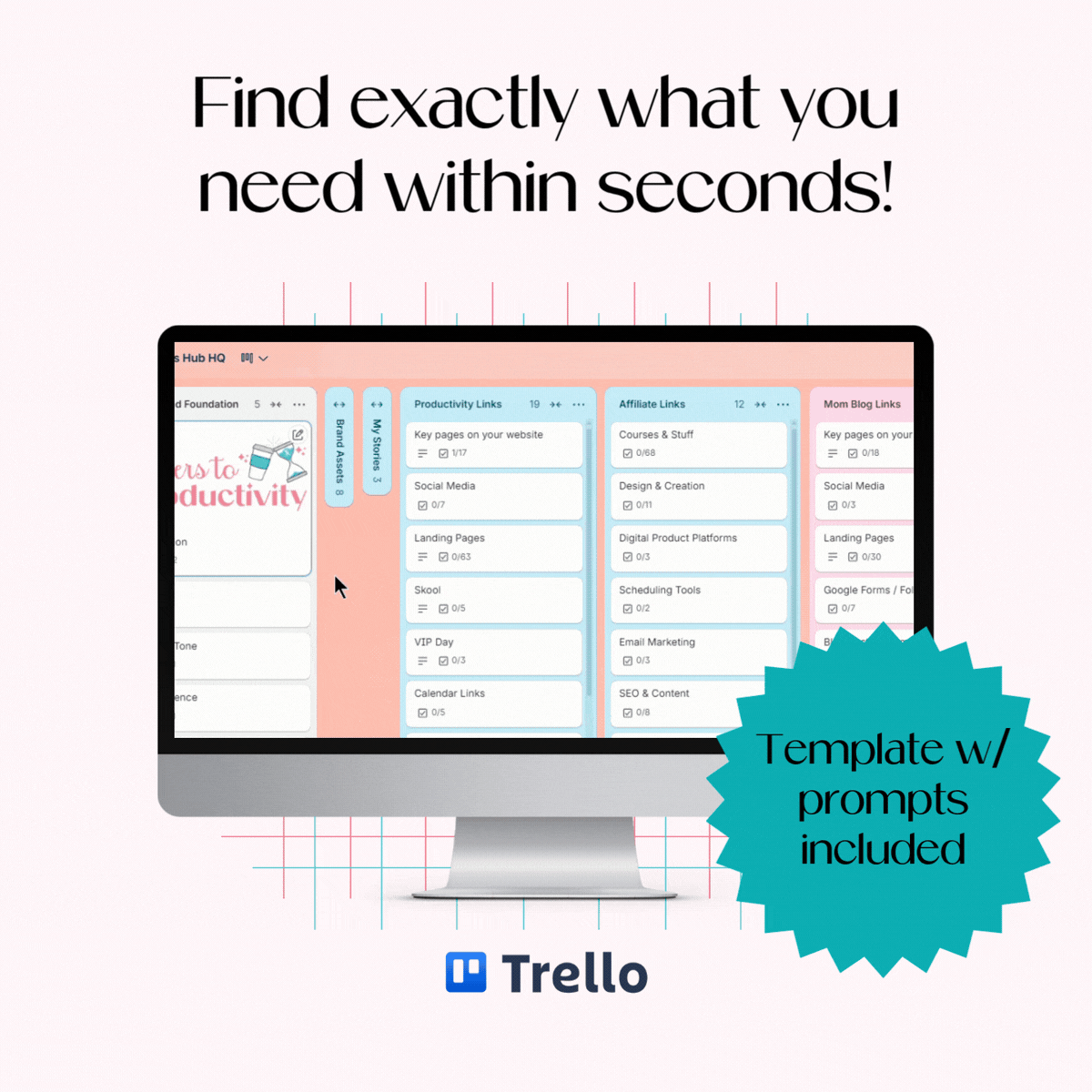 Business Hub HQ Trello board in action, showing brand assets found instantly without digging through folders.