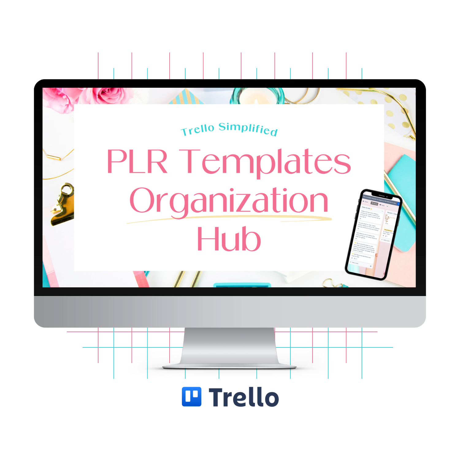 A monitor mockup displaying the Trello Simplified: PLR Templates Organization Hub training.