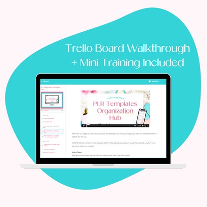 A laptop screen mockup displaying the course platform for the Trello Simplified: PLR Templates Organization Hub training.