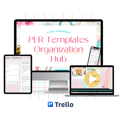 A monitor mockup displaying the Trello Simplified: PLR Templates Organization Hub training.