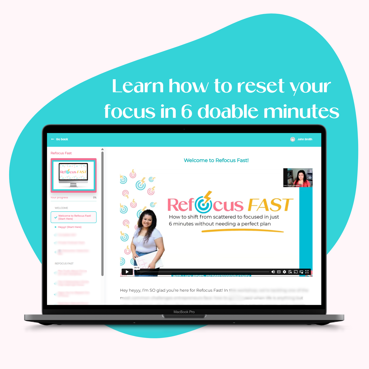 Laptop displaying a focus training program with text &