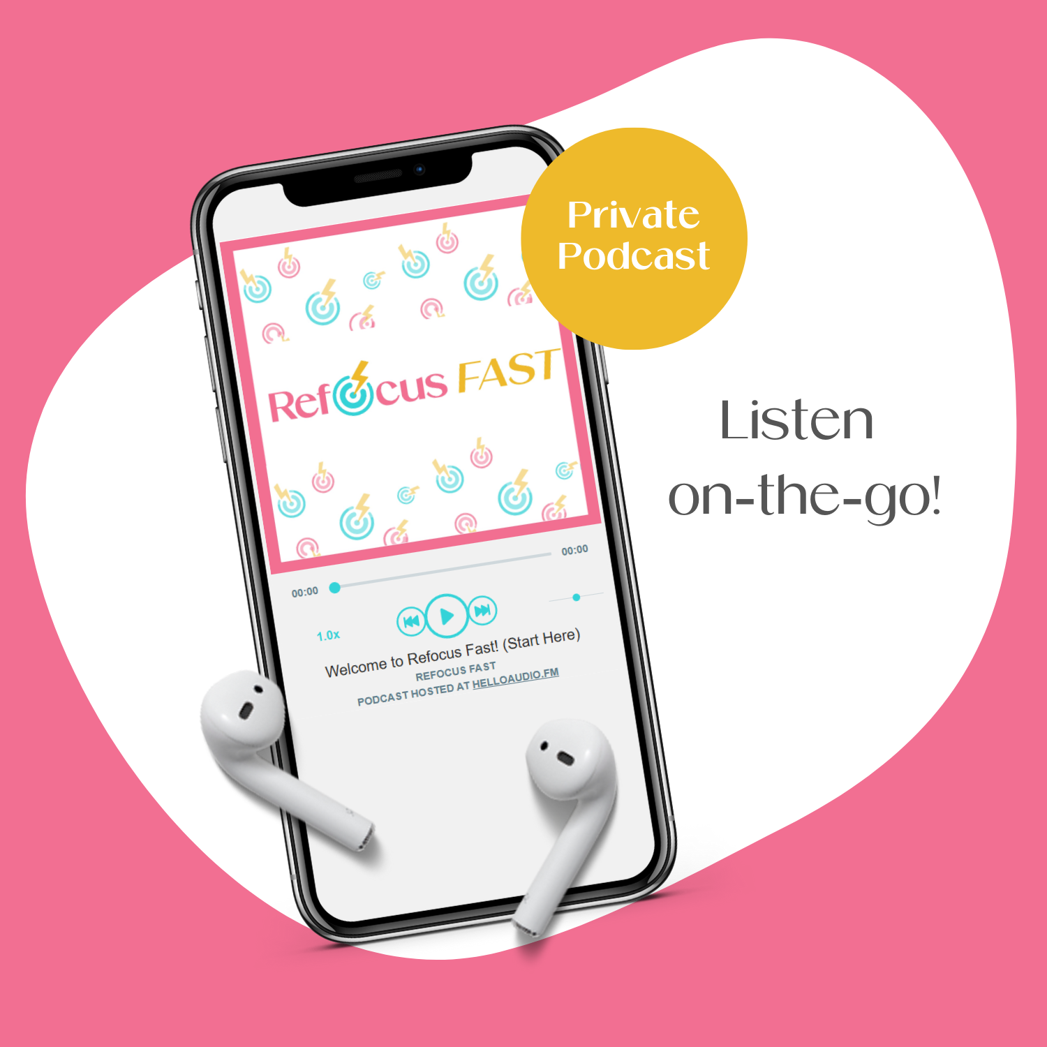 Smartphone displaying a podcast app with earbuds on a pink background