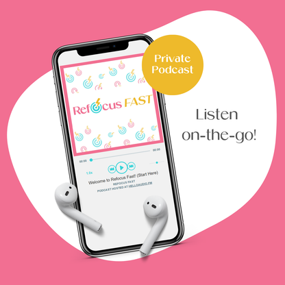 Smartphone displaying a podcast app with earbuds on a pink background
