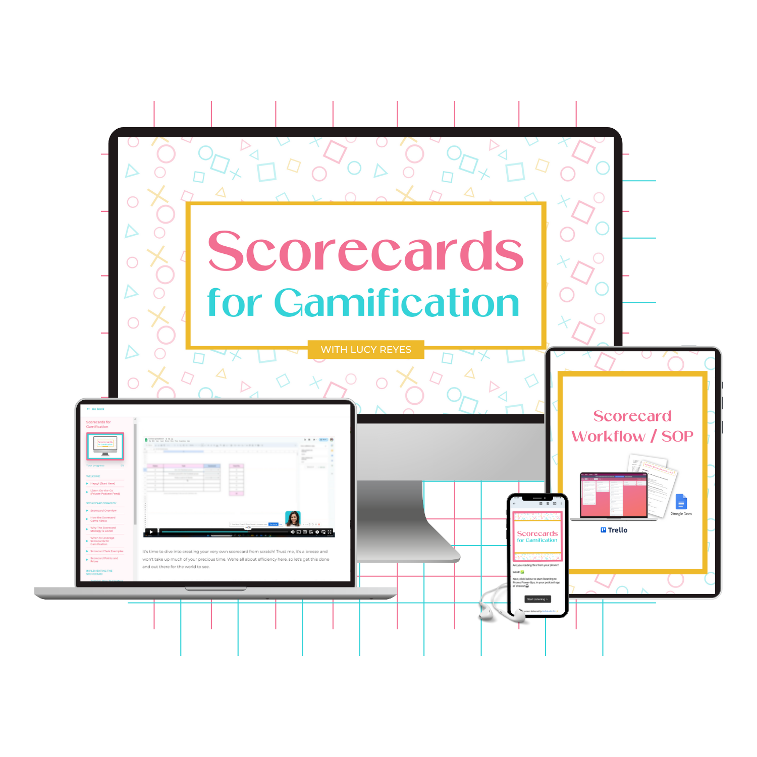 A monitor mockup displaying the Scorecards for Gamification course.